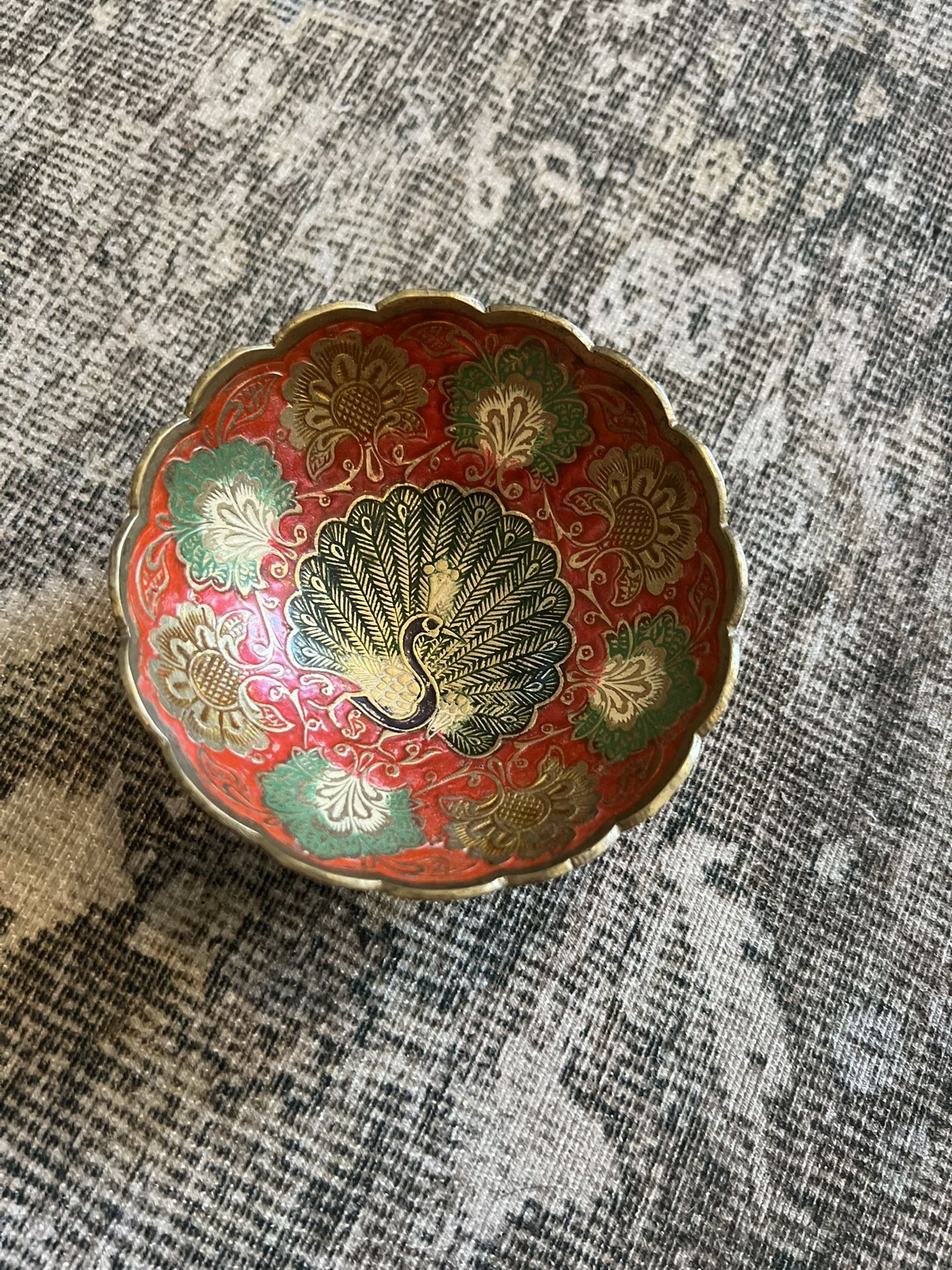 Vintage Ornate Enameled Peacock Brass Scalloped Trinket Footed Bowl India