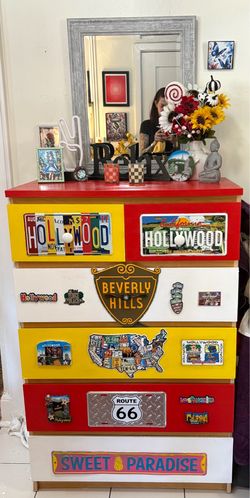 Vintage  Retro Hollywood & Route 66 Hand-Painted Chest of Drawers