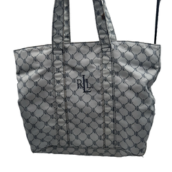 Vintage Ralph Lauren RL Monogram Jacquard Tote Bag Gray Blue Fabric Handbag