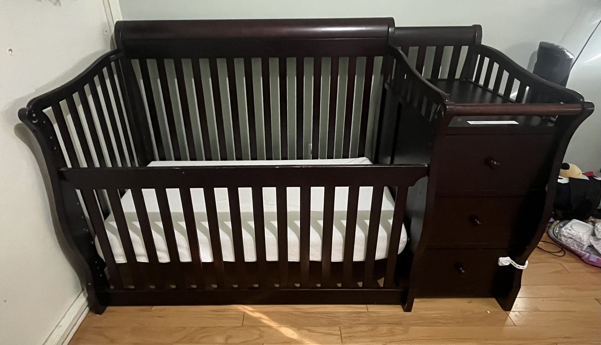 Wood Crib With Mattress, Changing Table And Storage
