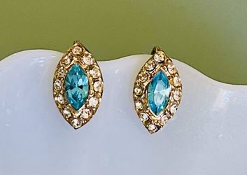 Vtg Coro Marquise Aqua Rhinestone Earrings 