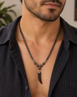 Men’s Hematite Beaded Necklace with Black Horn Pendant