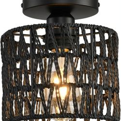 Flush Mount Ceiling Light Fixture Hand Woven Rattan Black NEW Hardware Incl.