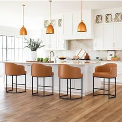LUE BONA 27" H Counter Height Bar Stools Set of 4, Modern Counter Stools with Curved Backrest and Arms, Black Metal Frames, Faux Leather Upholstered B