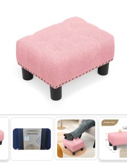 NEW Pink Athena Collection Small Ottoman Foot Rest With Legs, Linen Fabric Ottoman