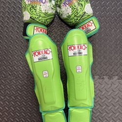 Authentic YOKKAO Muay Thai Gloves + Shin Guards Set (Green, 12oz