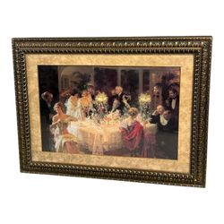 NY: Large Scale Victorian-Era “Dinner Party” Scene Framed Art Print