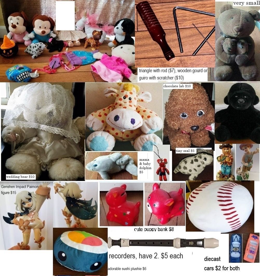 Stuffed animals:labradoodle, mommy+baby, minion, dolphin, seal, puppy, wedding bridal teddy bear, sushi/baseball squish pillows, anime, figurines, pig