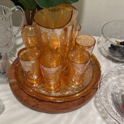 Vintage Orange Pitcher And 6 Cups