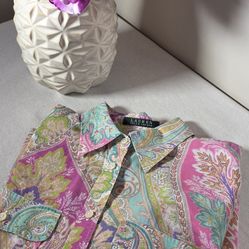 Ralph Lauren Women Button Up Long Sleeve Priya Pink Paisley Flower Shirt - Size M