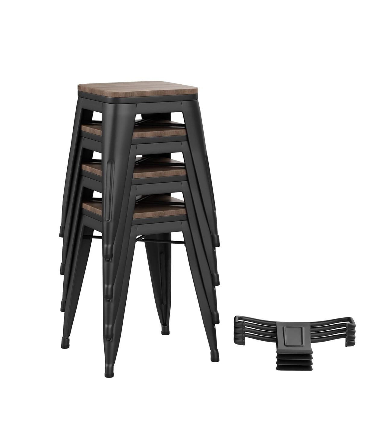 18”H Metal Chair With Wooden Top and Lower Back, Stackable Stools