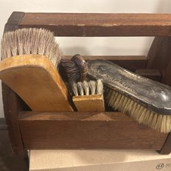 mid-century shoe shine caddy & brushes