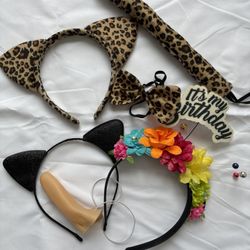 Leopard Print Cat Ears and Tail Costume Set with Flower Crown