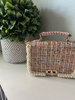 Pretty Pink Multicolored Tweed and Pearl Shoulder Bag 9”x7”x2” in