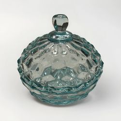 Indiana Glass Cubic Covered Candy Dish Blue MCM Barware Decor Kitchen Vintage