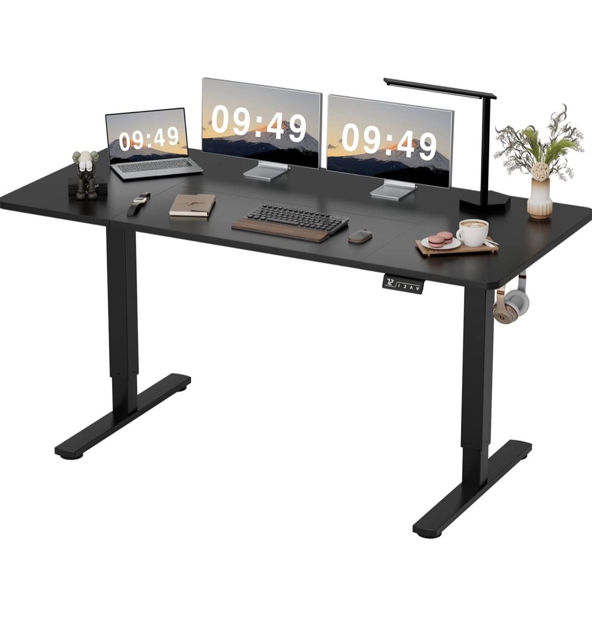 Electric Height Adjustable Standing Desk Large 63 x 24 Inches Sit Stand up Desk Home Office Computer Desk Memory Preset with T-Shaped Metal Bracket, B