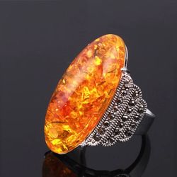 Vintage 32mm Orange Amber Antique Silver Ring - Size 7