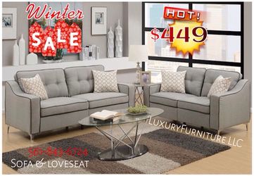 New grey linen sofa & loveseat