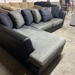 2 Tone Blue Gray Leather Sectional Couch “WE DELIVER”