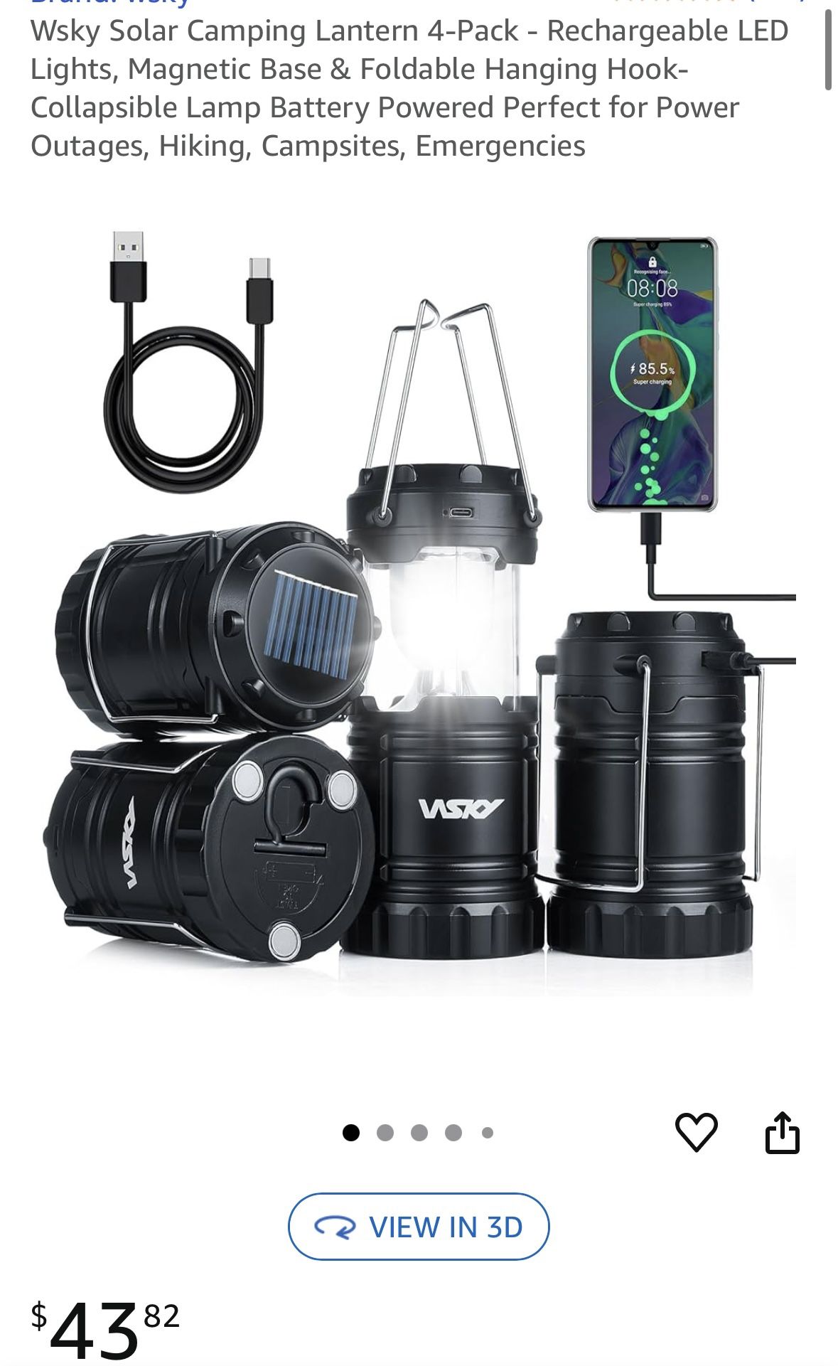 Brand new never used. Wsky Solar Camping Lantern 4-Pack - Rechargeable LED Lights, Magnetic Base & Foldable Hanging Hook- Collapsible Lamp Battery Pow