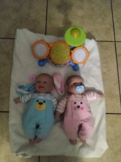 $25 twin soft body dolls and VTech drum set