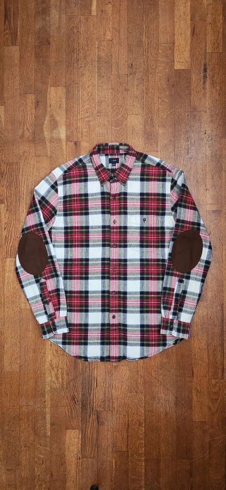 J. Crew Men's Heavyweight Plaid Flannel Shirt With Suede Elbow Patches (Size: Medium)