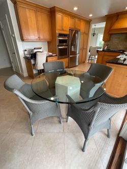 48” Round Glass Dining Table with Limestone Base