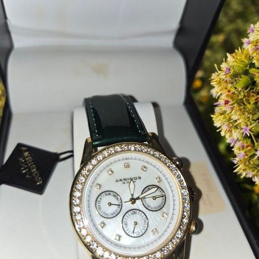 Akribos XXIV Ladies Sparkling Crystal Date Green Leather Strap Watch Akribos XXIV Ladies Sparkling Crystal Date Green Leather  main image 2