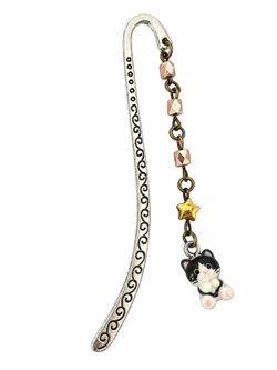 Black & White Cat Charm Beaded Metal Bookmark
