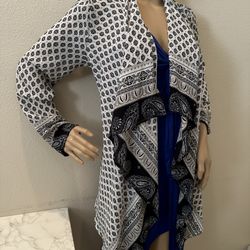 Chiffon Open Front Waterfall Cardigan, Cover-Up, Blue Black  Mixed, Print, Medium Large7/9