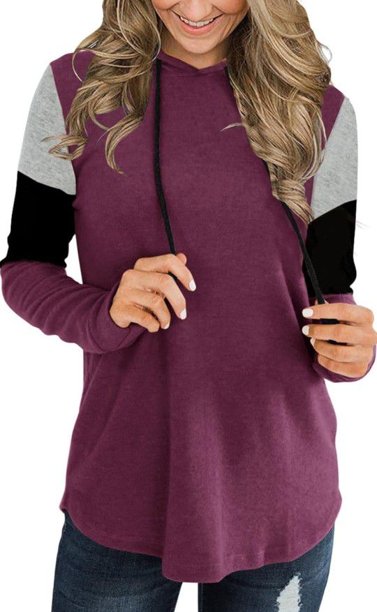 PINKMSTYLE Womens Hoodie Sweatshirts Casual Color Block Shirts Long Sleeve Tunic Tops Purple Medium NEW