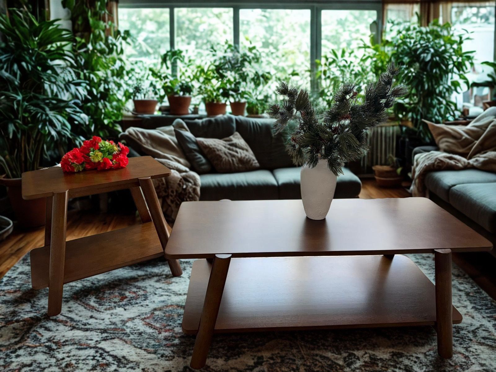 🎊Brand New🎊Mid-Century Modern Wood Shelf 2-Piece Coffee Table Set, Walnut Finish