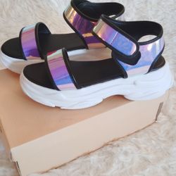 Women's Yoki BLK Platform Holographic Velcro Strap Open Toe Summer Time Shoes Sandals SZ 9