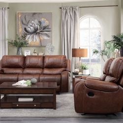 Two piece living room group. Double glider reclining loveseat with center consul. Double reclining sofa with drop-down cupholders. WEEKS FURNITURE  
