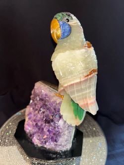 Vintage Amsterdam Sauer Brazilian Carved Gemstone Parrot Sculpture on Amethyst Base - 8"
