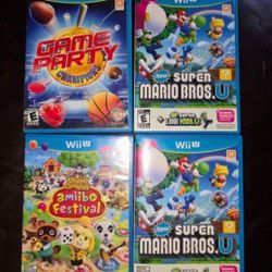 4 Games Wii U 

New Animal Crossing amiibo festival "Unopened"

Game Party Champions 

Super Mario Bross U

Wii U Mario Kart 

All  Cash Firm 