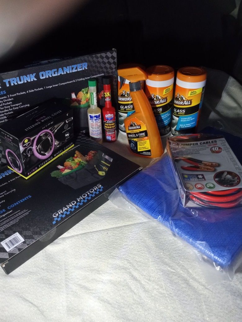 Car Accessory Bundle: 2 Trunk Organizers, 3 Armor All Window Wipes, 1 Armor All Interior Spray, Jumper Cables, 10×10 blue Tarp and more