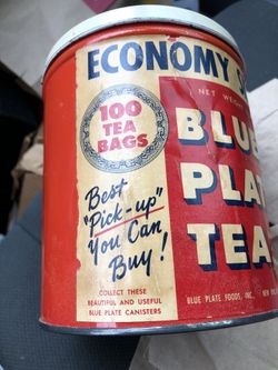Vintage Blue Plate Tea Metal can