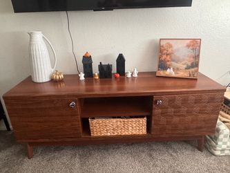 Mid-Century Wood TV Stand with Cabinet Storage