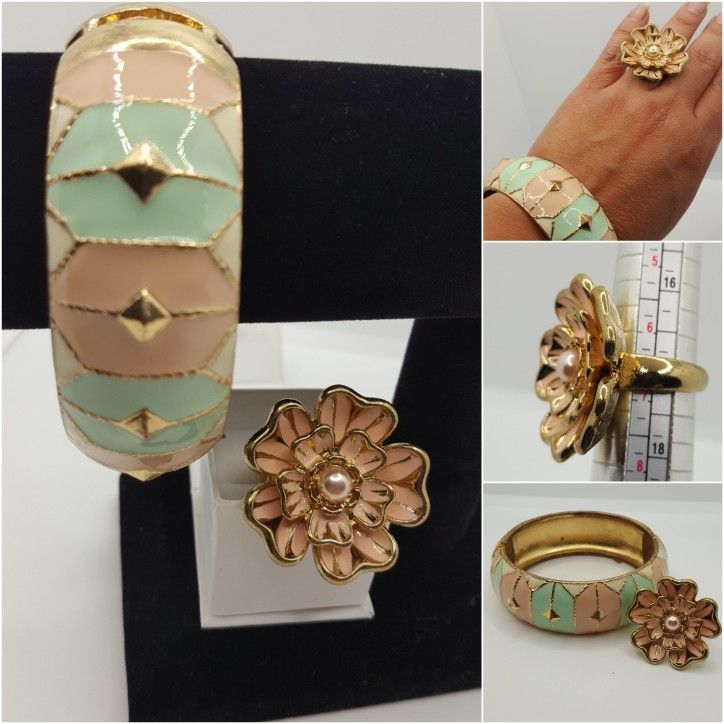 Vintage set,Pastel colors, Bracelet and Ring Sz7, flower style with pearl on it.