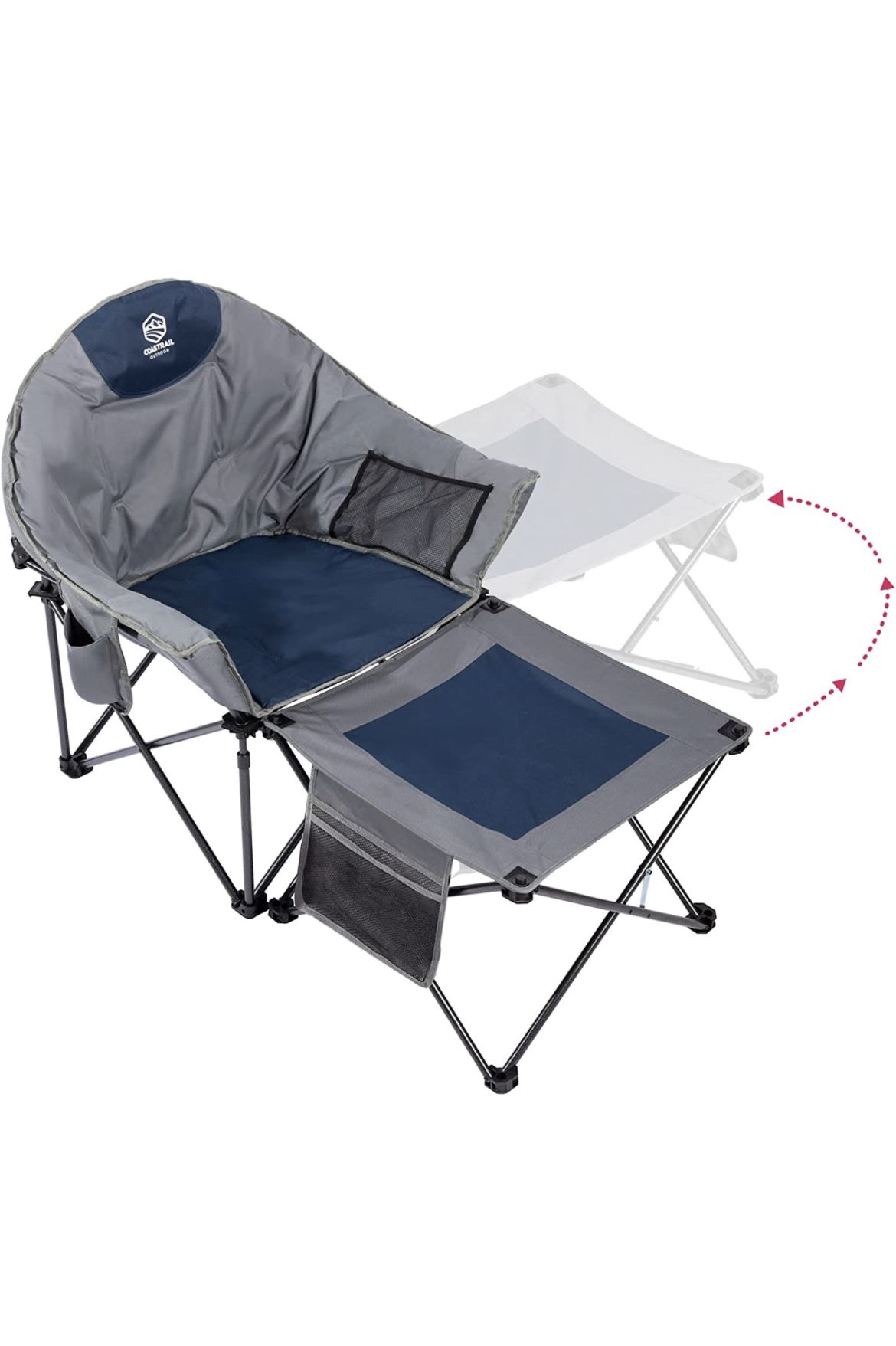 Oversized Outdoor Padded Folding Camping Chair 2 in 1 with Removable Footrest Round Moon Saucer Camp Chair with Cup Holder, Supports 350lbs