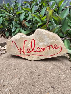 Natural Limestone Rock Hand-engraved, "Welcome" Garden Patio Porch Yard Art