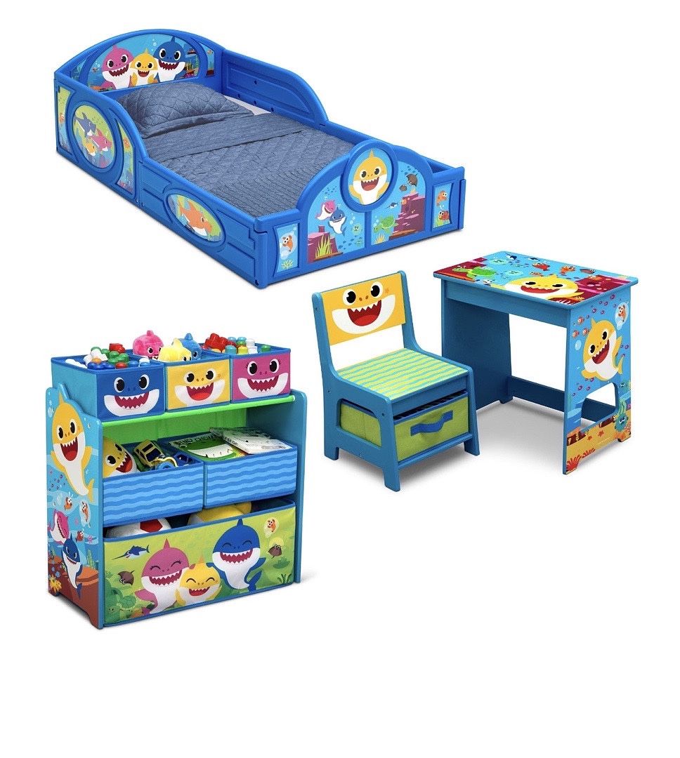 Baby Shark Tour 4-Piece Room-in-a-Box Bedroom Set by Delta Children - Includes Sleep & Play Toddler Bed, 6 Bin Design & Store Toy Organizer and Desk w