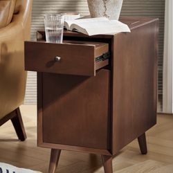Quintavion 14"W Mid-Century Modern End Table With Storage And Built-In Outlets