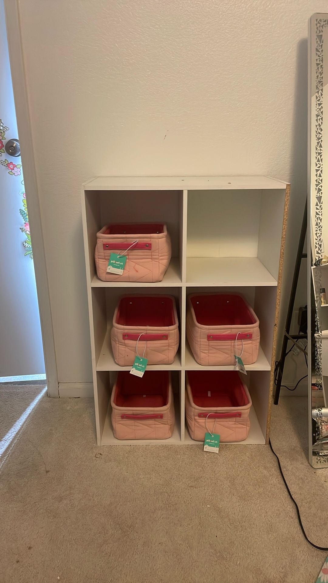 White 6-Cube Shelf with 6 Pink Storage Bins — $40
