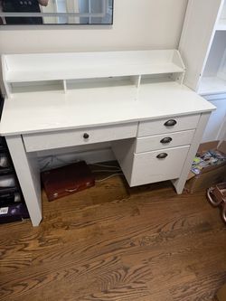 Selling my white table , grey chair and white pantry all the way to the right
