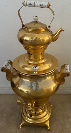 Vintage Electric Brass Samovar Tea Set with Matching Teapot - Persian / Russian Style