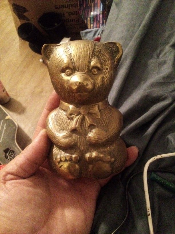 Vintage Solid Brass Teddy Bear Bank