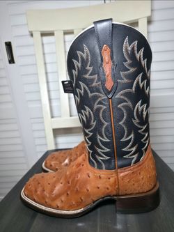 Cody James Full Quill Cognac Ostrich Western Boots Broad Square Toe BBME-114 Men's Size 9.5 D