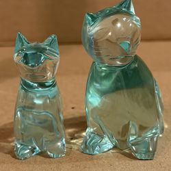 Vintage turquoise or aquamarine blue glass cat figurines